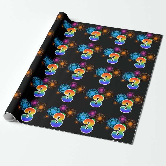 Fun Fireworks + Regenbogenmuster "3" Ereignisnumme Geschenkpapier (Ungerollt)
