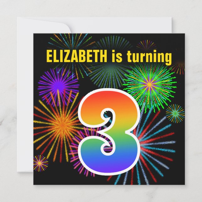 Fun Fireworks + Regenbogenmuster "3" Geburtstag # Einladung (Vorderseite)