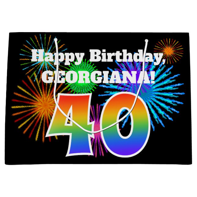 Fun Fireworks + Regenbogenmuster "40" Geburtstag # Große Geschenktüte (Vorderseite)