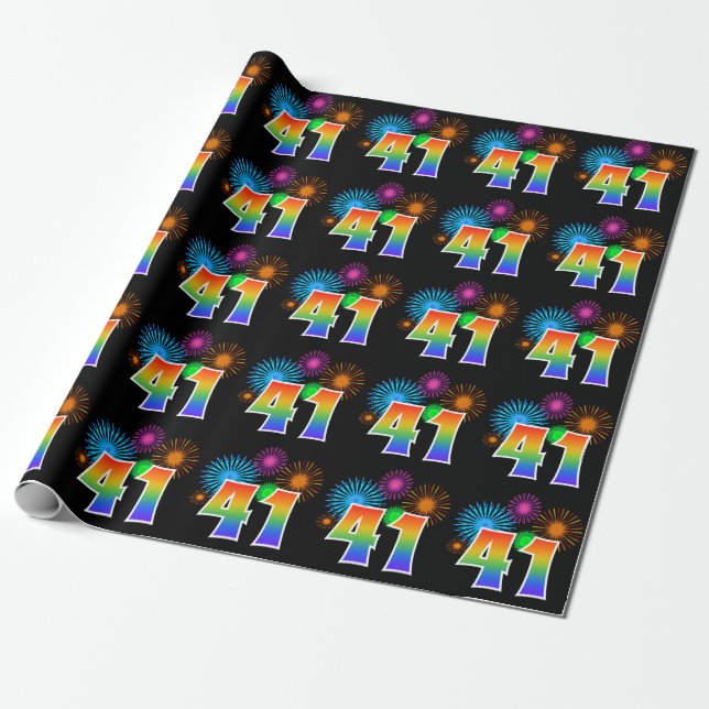 Fun Fireworks + Regenbogenmuster "41" Ereignisnumm Geschenkpapier (Ungerollt)