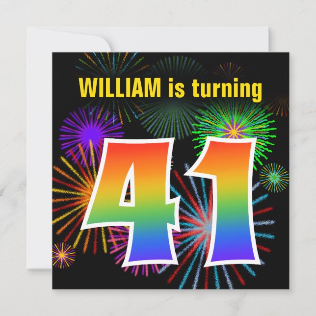 Fun Fireworks + Regenbogenmuster "41" Geburtstag # Einladung (Vorderseite)