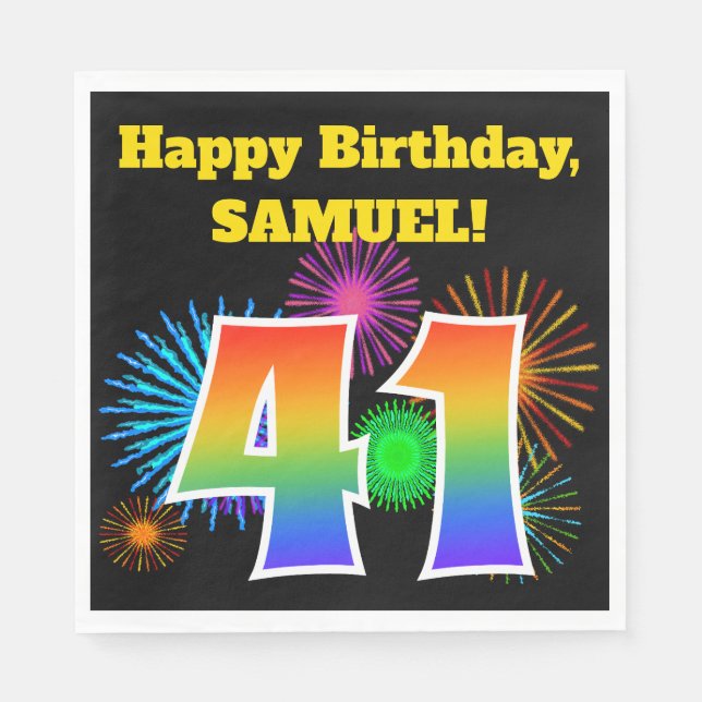 Fun Fireworks + Regenbogenmuster "41" Geburtstag # Serviette (Vorderseite)