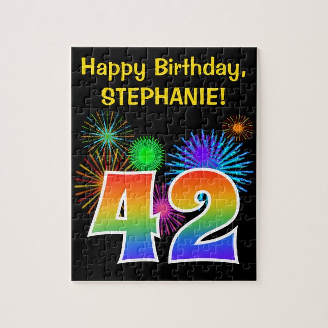 Fun Fireworks + Regenbogenmuster "42" Geburtstag # Puzzle (Vertikal)