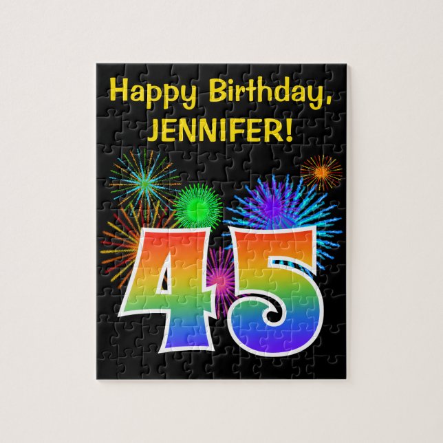 Fun Fireworks + Regenbogenmuster "45" Geburtstag # Puzzle (Vertikal)