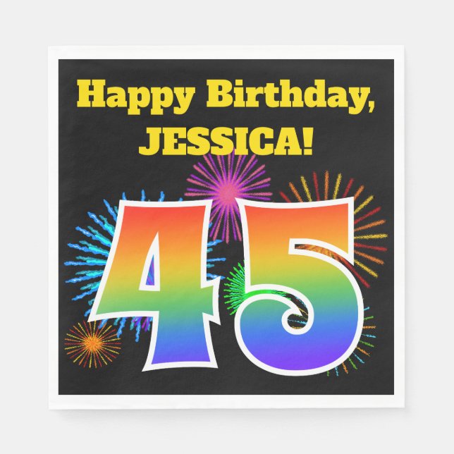 Fun Fireworks + Regenbogenmuster "45" Geburtstag # Serviette (Vorderseite)