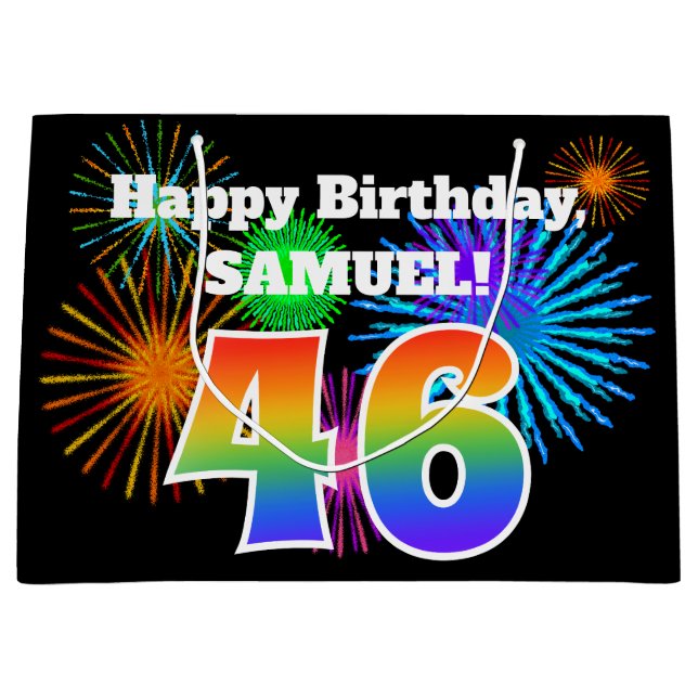 Fun Fireworks + Regenbogenmuster "46" Geburtstag # Große Geschenktüte (Vorderseite)