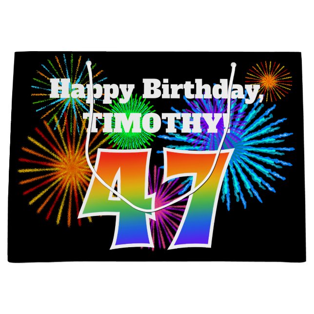 Fun Fireworks + Regenbogenmuster "47" Geburtstag # Große Geschenktüte (Vorderseite)