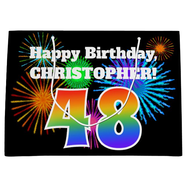 Fun Fireworks + Regenbogenmuster "48" Geburtstag # Große Geschenktüte (Vorderseite)