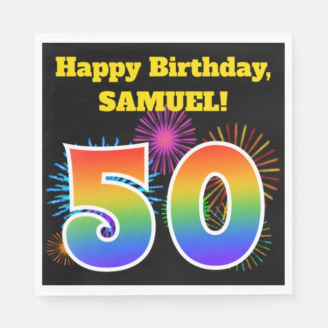 Fun Fireworks + Regenbogenmuster "50" Geburtstag # Serviette (Vorderseite)