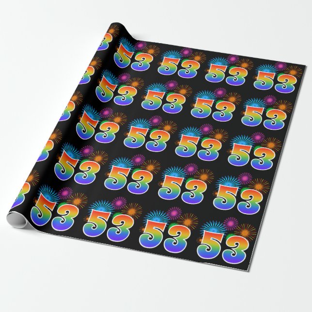 Fun Fireworks + Regenbogenmuster "53" Ereignisnumm Geschenkpapier (Ungerollt)