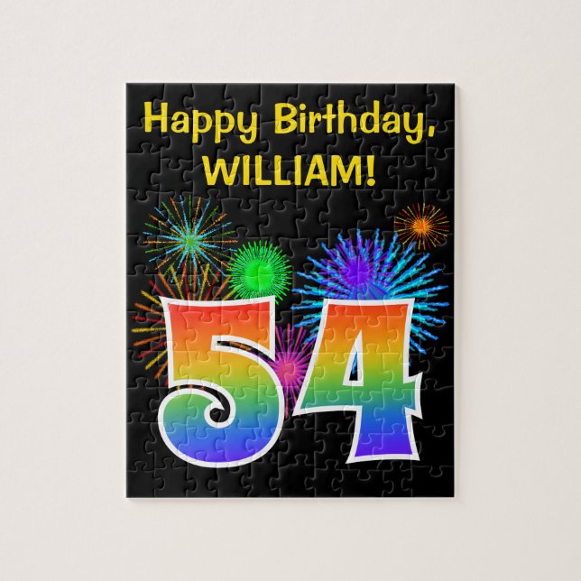 Fun Fireworks + Regenbogenmuster "54" Geburtstag # Puzzle (Vertikal)