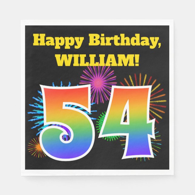 Fun Fireworks + Regenbogenmuster "54" Geburtstag # Serviette (Vorderseite)