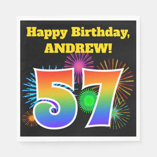 Fun Fireworks + Regenbogenmuster "57" Geburtstag # Serviette (Vorderseite)