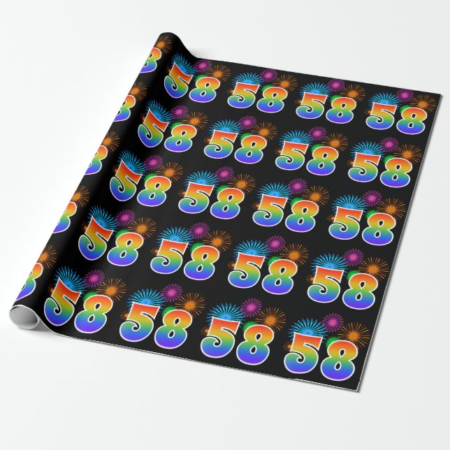 Fun Fireworks + Regenbogenmuster "58" Ereignisnumm Geschenkpapier (Ungerollt)