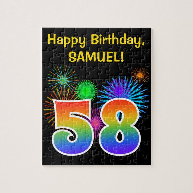 Fun Fireworks + Regenbogenmuster "58" Geburtstag # Puzzle (Vertikal)