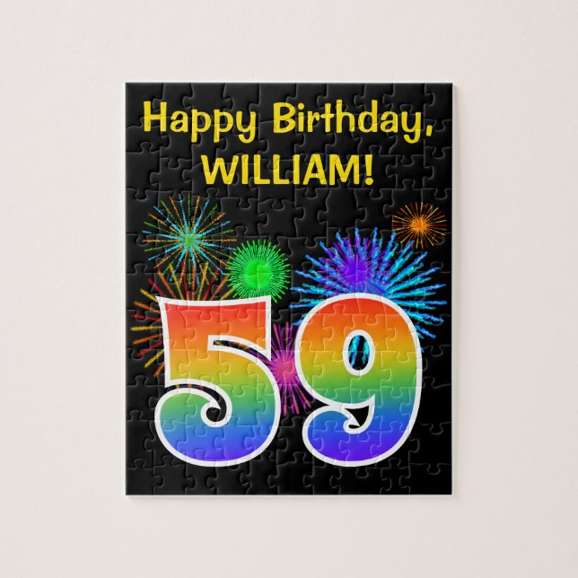 Fun Fireworks + Regenbogenmuster "59" Geburtstag # Puzzle (Vertikal)
