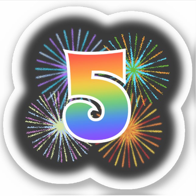Fun Fireworks + Regenbogenmuster "5" Event # Aufkleber (Vorderseite)