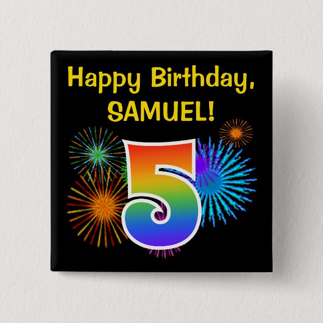 Fun Fireworks + Regenbogenmuster "5" Geburtstag # Button (Vorderseite)