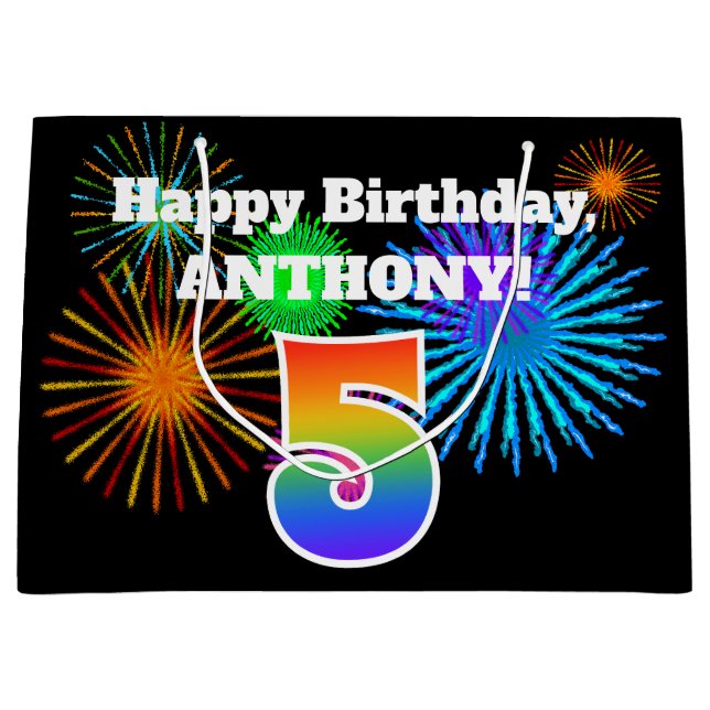 Fun Fireworks + Regenbogenmuster "5" Geburtstag # Große Geschenktüte (Vorderseite)
