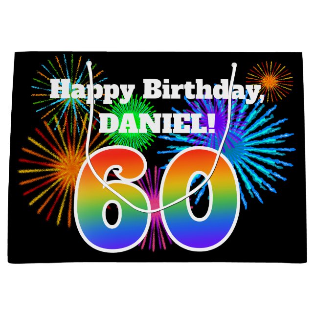 Fun Fireworks + Regenbogenmuster "60" Geburtstag # Große Geschenktüte (Vorderseite)