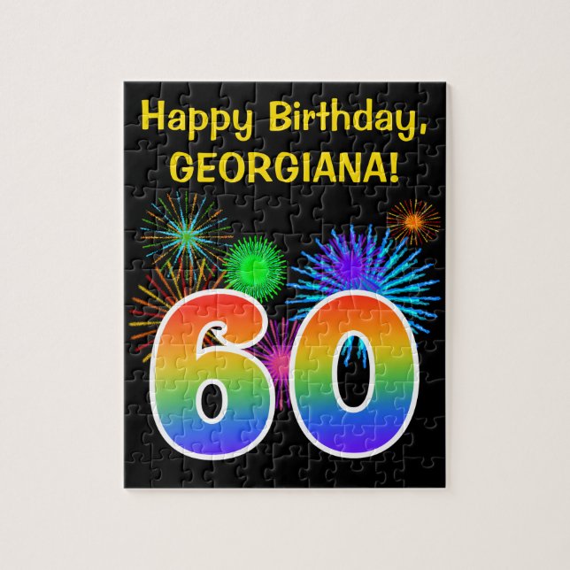 Fun Fireworks + Regenbogenmuster "60" Geburtstag # Puzzle (Vertikal)
