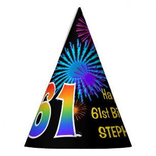 Fun Fireworks + Regenbogenmuster "61" Geburtstag # Partyhütchen