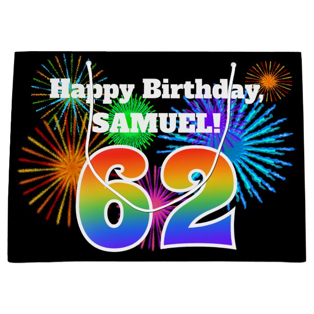 Fun Fireworks + Regenbogenmuster "62" Geburtstag # Große Geschenktüte (Vorderseite)