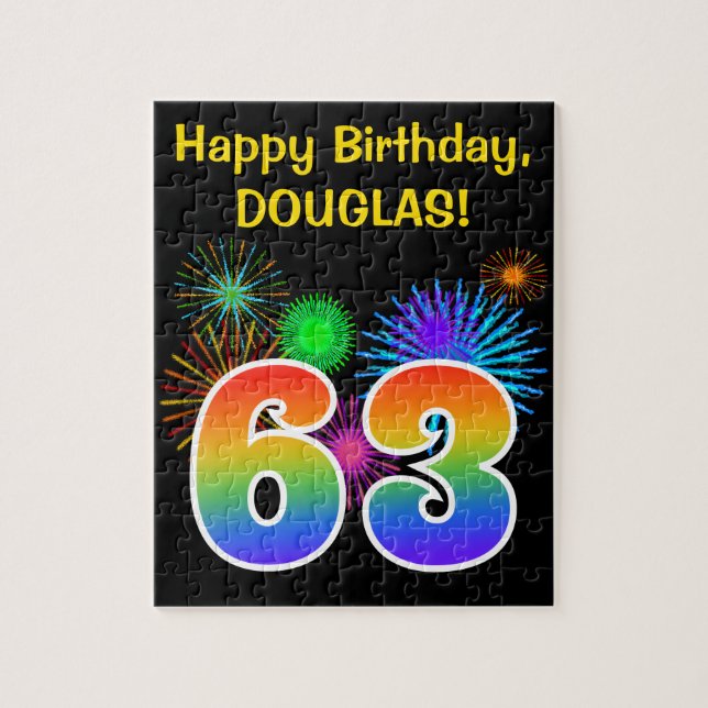 Fun Fireworks + Regenbogenmuster "63" Geburtstag # Puzzle (Vertikal)