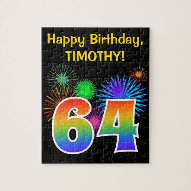 Fun Fireworks + Regenbogenmuster "64" Geburtstag # Puzzle (Vertikal)