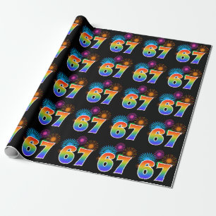 Fun Fireworks + Regenbogenmuster "67" Ereignisnumm Geschenkpapier