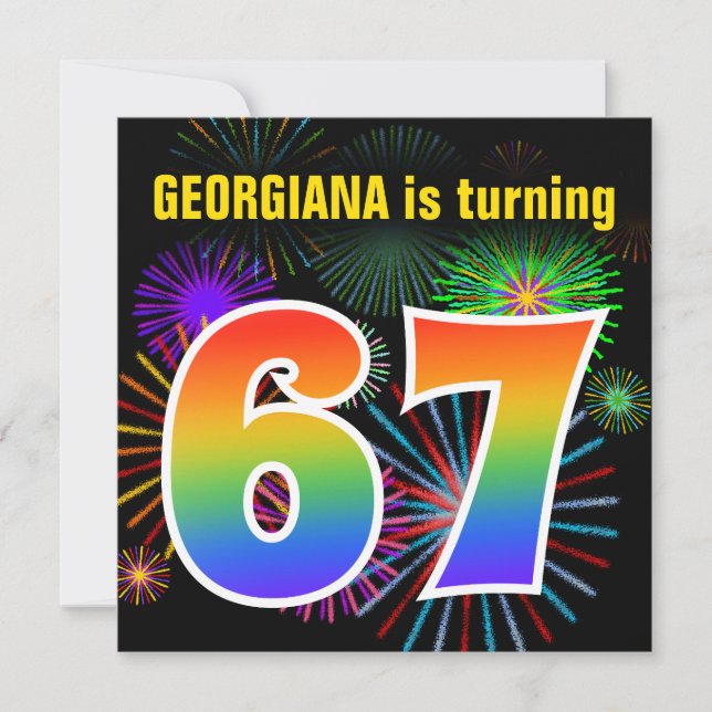 Fun Fireworks + Regenbogenmuster "67" Geburtstag # Einladung (Vorderseite)
