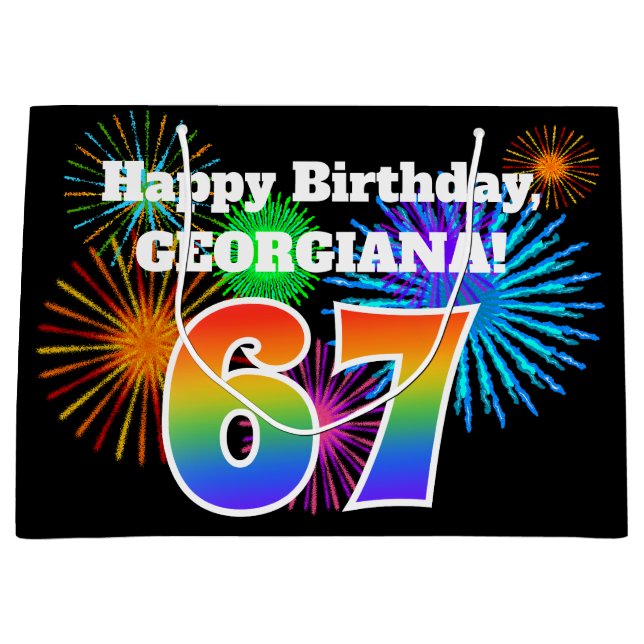 Fun Fireworks + Regenbogenmuster "67" Geburtstag # Große Geschenktüte (Vorderseite)