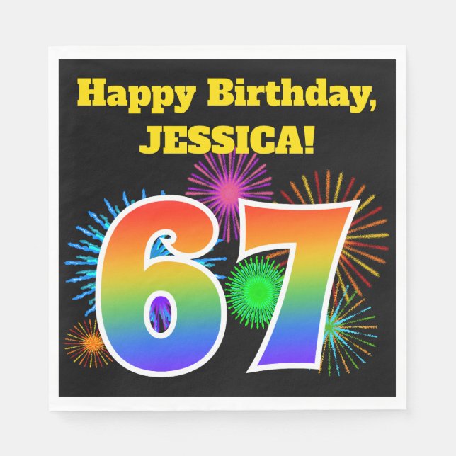 Fun Fireworks + Regenbogenmuster "67" Geburtstag # Serviette (Vorderseite)