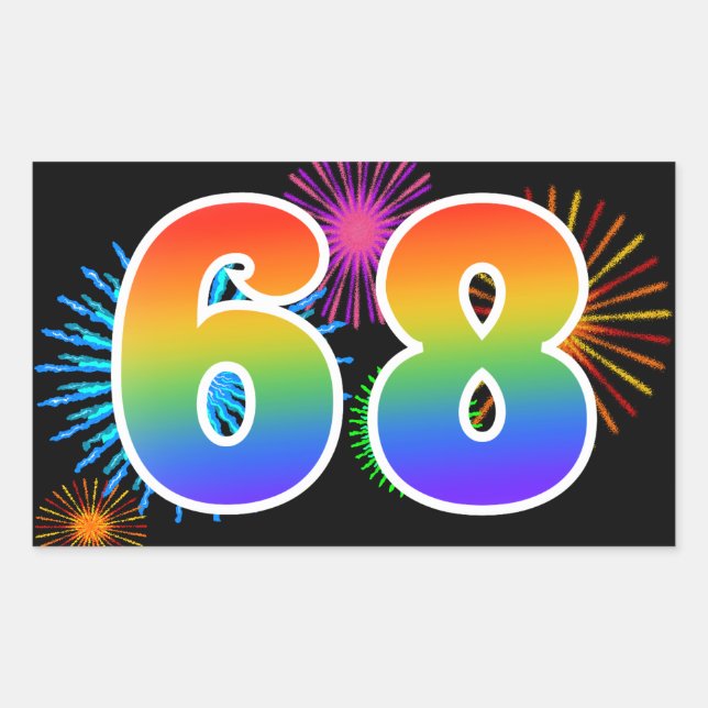 Fun Fireworks + Regenbogenmuster "68" Ereignisnumm Rechteckiger Aufkleber (Vorderseite)