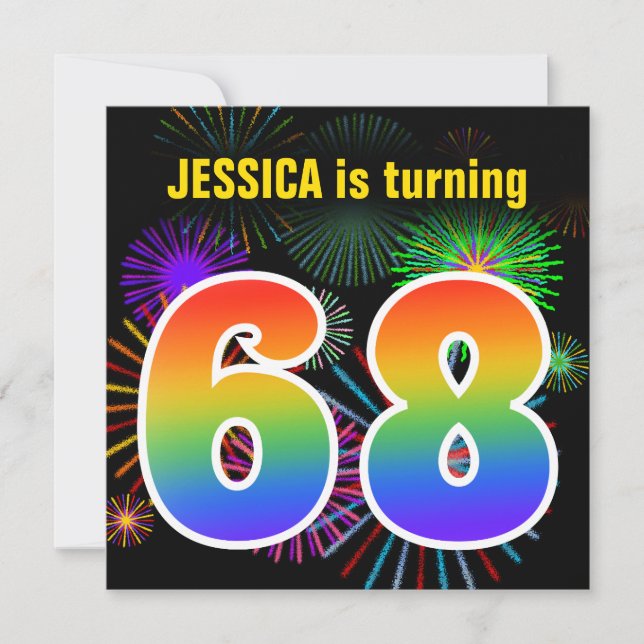 Fun Fireworks + Regenbogenmuster "68" Geburtstag # Einladung (Vorderseite)