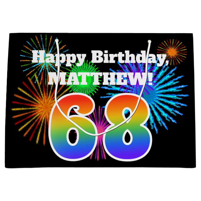 Fun Fireworks + Regenbogenmuster "68" Geburtstag # Große Geschenktüte (Vorderseite)