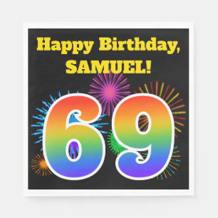 Fun Fireworks + Regenbogenmuster "69" Geburtstag # Serviette