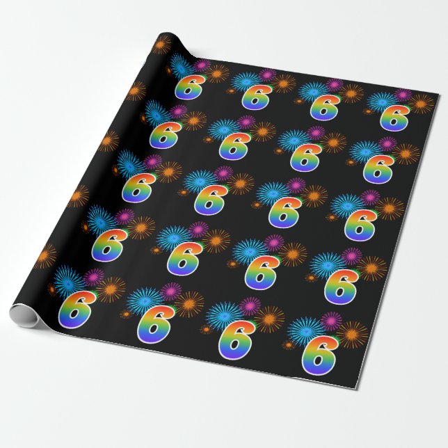 Fun Fireworks + Regenbogenmuster "6" Ereignisnumme Geschenkpapier (Ungerollt)