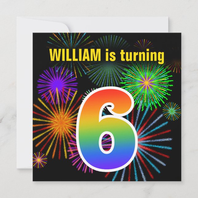 Fun Fireworks + Regenbogenmuster "6" Geburtstag # Einladung (Vorderseite)