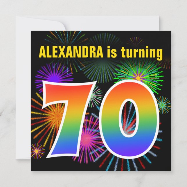 Fun Fireworks + Regenbogenmuster "70" Geburtstag # Einladung (Vorderseite)
