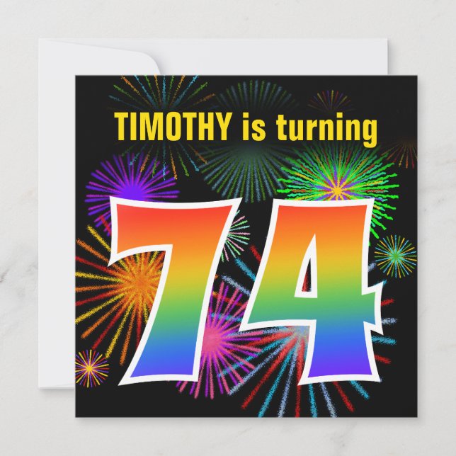 Fun Fireworks + Regenbogenmuster "74" Geburtstag # Einladung (Vorderseite)