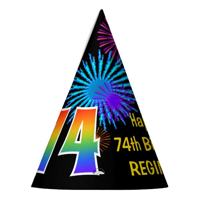 Fun Fireworks + Regenbogenmuster "74" Geburtstag # Partyhütchen (Links)