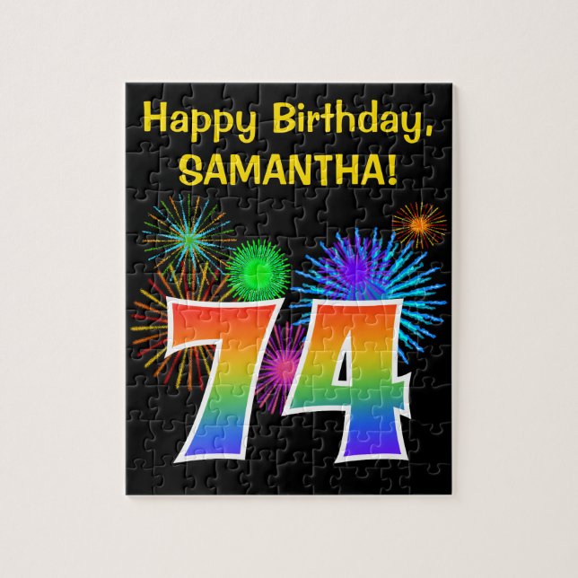 Fun Fireworks + Regenbogenmuster "74" Geburtstag # Puzzle (Vertikal)