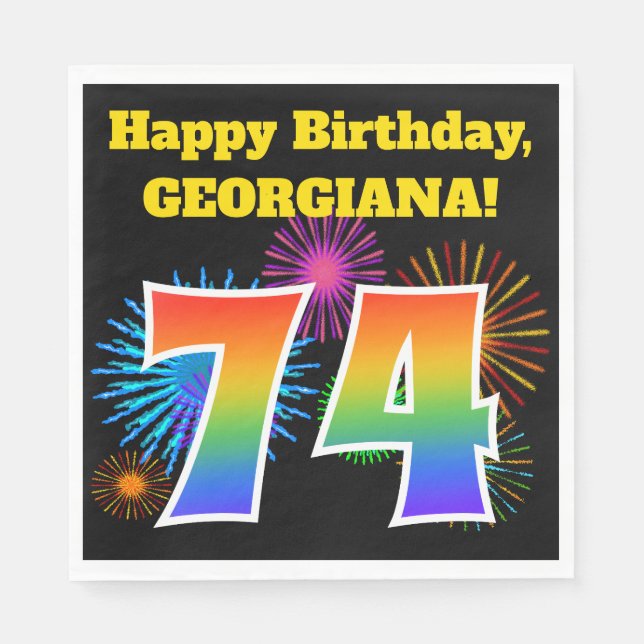Fun Fireworks + Regenbogenmuster "74" Geburtstag # Serviette (Vorderseite)