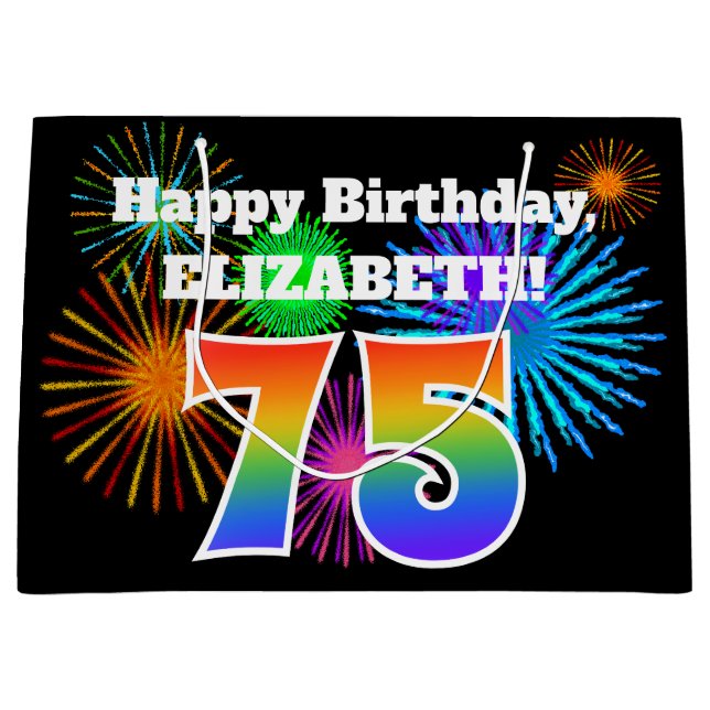 Fun Fireworks + Regenbogenmuster "75" Geburtstag # Große Geschenktüte (Vorderseite)