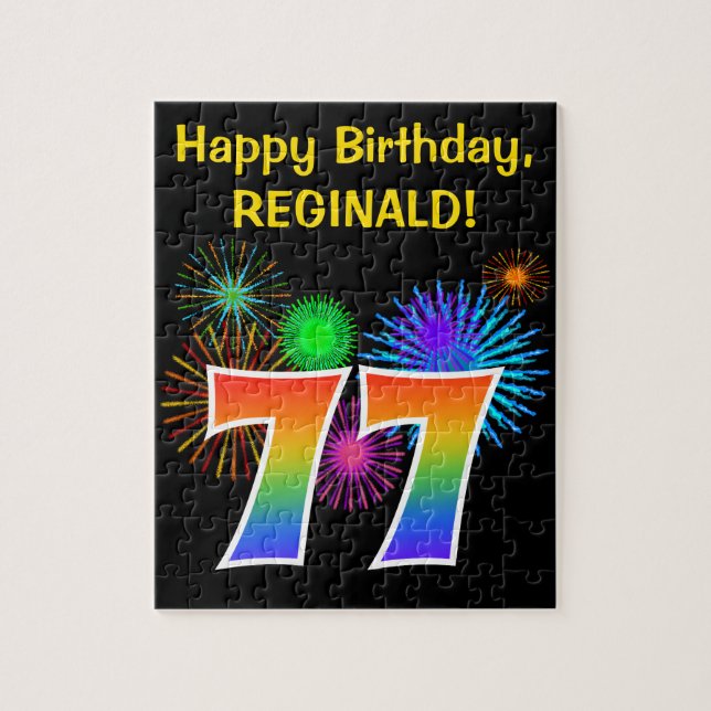 Fun Fireworks + Regenbogenmuster "77" Geburtstag # Puzzle (Vertikal)