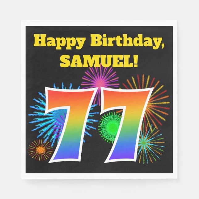 Fun Fireworks + Regenbogenmuster "77" Geburtstag # Serviette (Vorderseite)