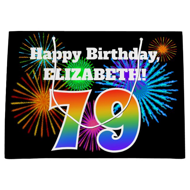 Fun Fireworks + Regenbogenmuster "79" Geburtstag # Große Geschenktüte (Vorderseite)