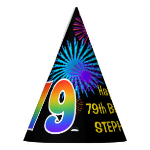 Fun Fireworks + Regenbogenmuster "79" Geburtstag # Partyhütchen
