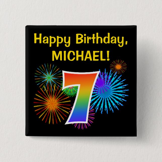 Fun Fireworks + Regenbogenmuster "7" Geburtstag # Button (Vorderseite)